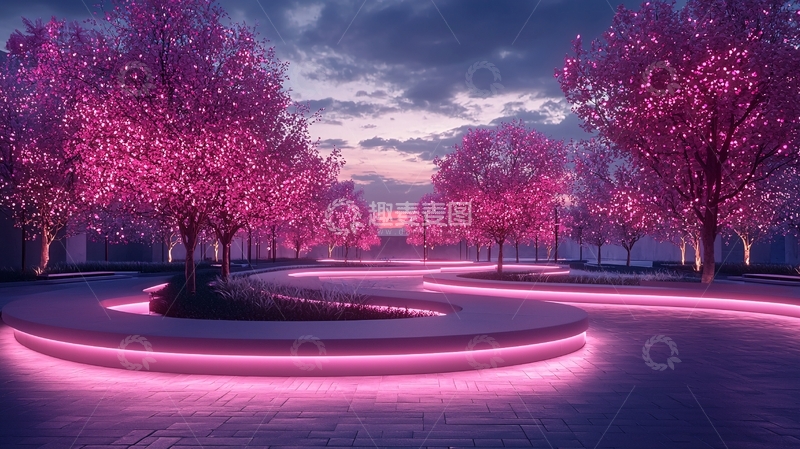 高清大图下载【趣麦麦图】粉色灯光树林小路