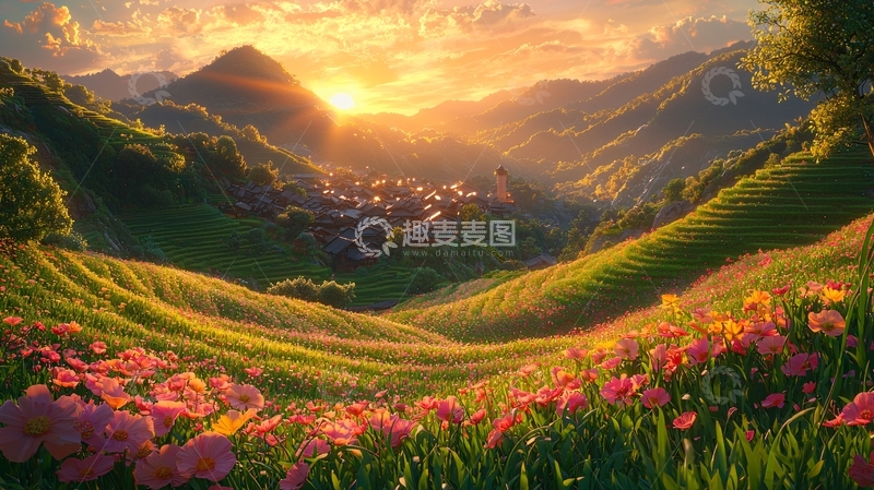 高清大图下载【趣麦麦图】日出山谷鲜花田园
