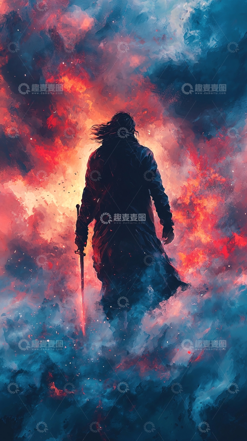 高清大图下载【趣麦麦图】长发男子持剑背影