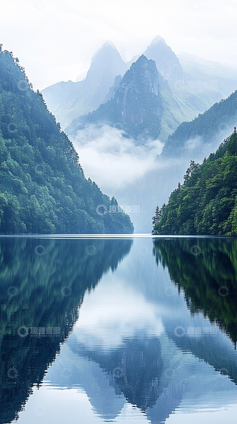 高清大图下载【趣麦麦图】雾气缭绕的山水倒影