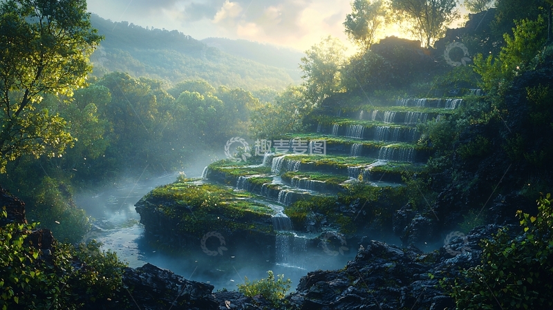 高清大图下载【趣麦麦图】雾气缭绕的梯田景观