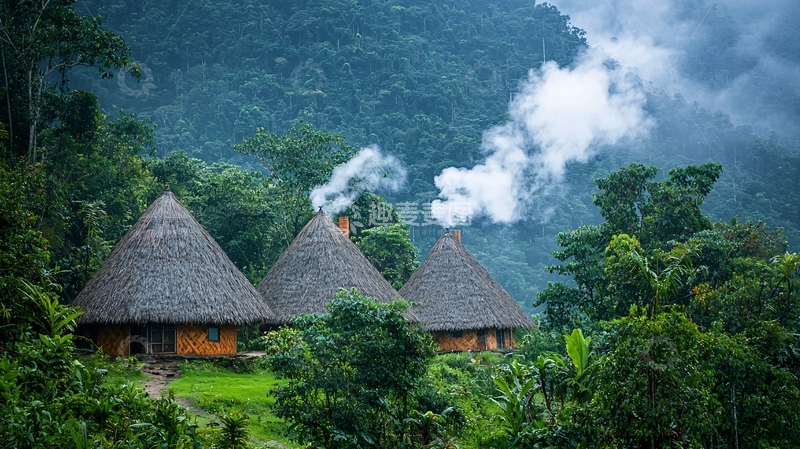 高清大图下载【趣麦麦图】山区茅草屋炊烟袅袅