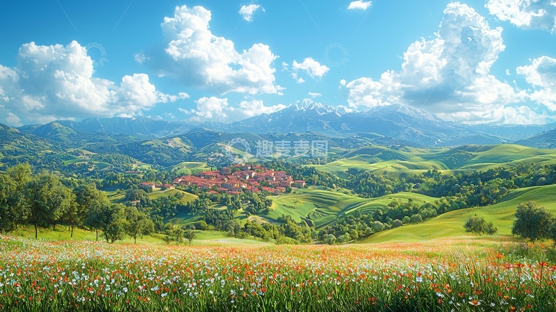 高清大图下载【趣麦麦图】山峦环抱的田园风光