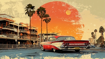 复古汽车海边日落