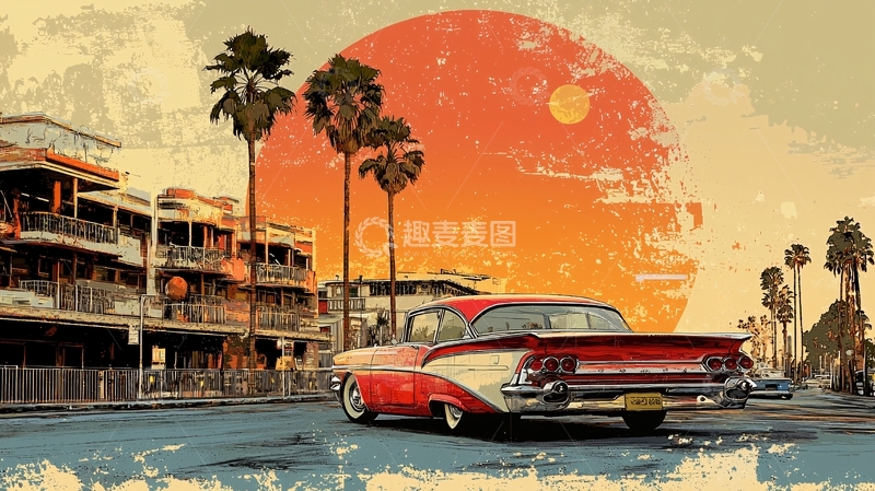 高清大图下载【趣麦麦图】复古汽车海边日落