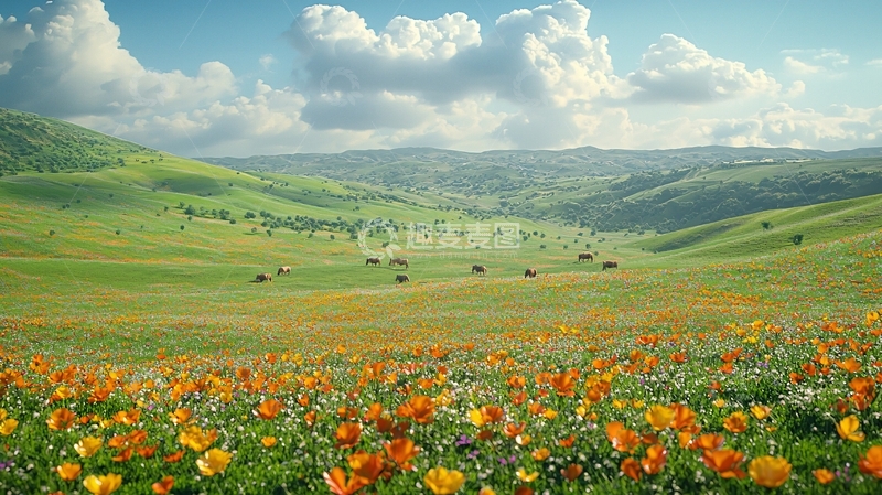 高清大图下载【趣麦麦图】阳光明媚的绿色山谷花田