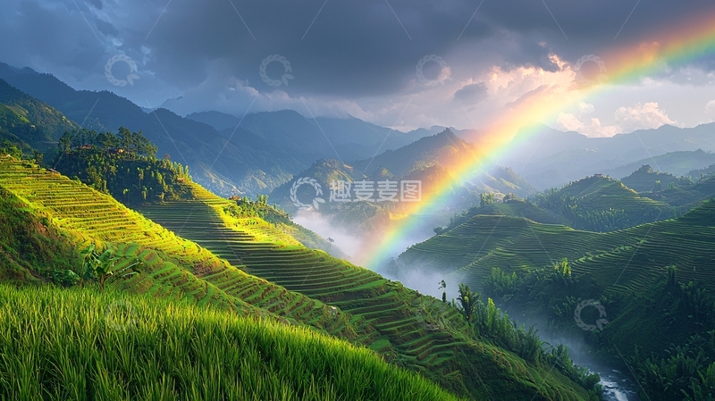 高清大图下载【趣麦麦图】彩虹山峦田园风光