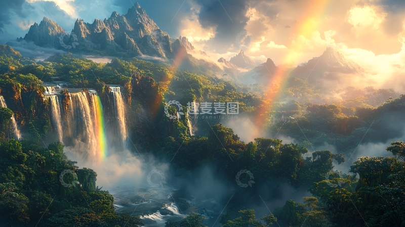 高清大图下载【趣麦麦图】梦幻彩虹瀑布山峰