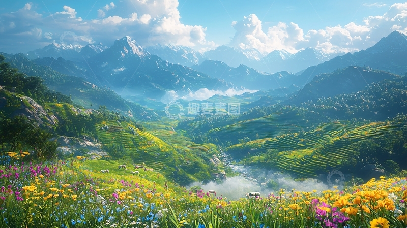 高清大图下载【趣麦麦图】阳光明媚的山谷花海