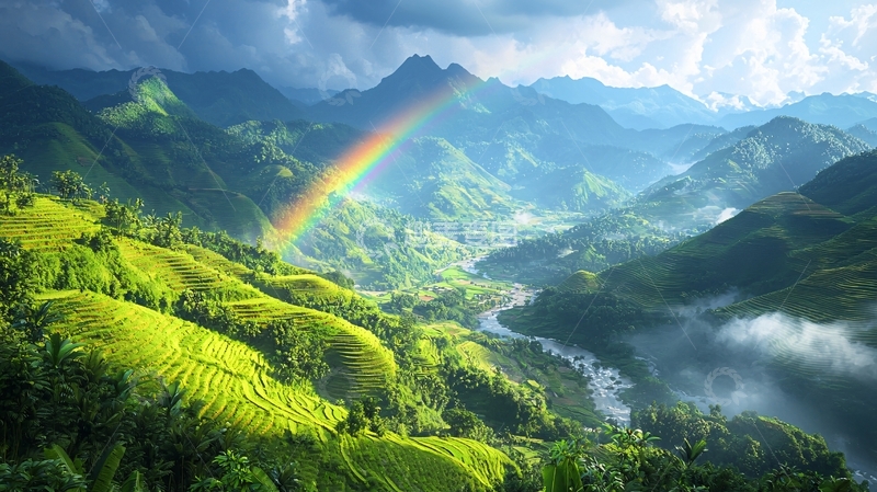 高清大图下载【趣麦麦图】彩虹山峦梯田景色