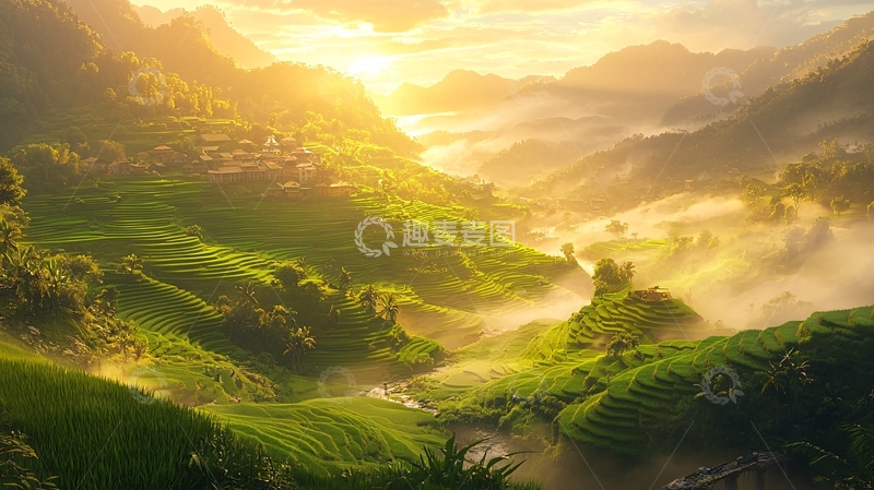 高清大图下载【趣麦麦图】日出山峦梯田美景