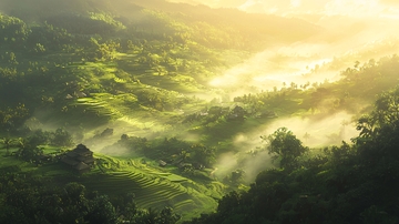 绿色山谷晨曦薄雾