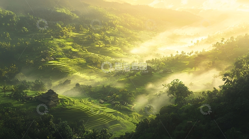 高清大图下载【趣麦麦图】绿色山谷晨曦薄雾