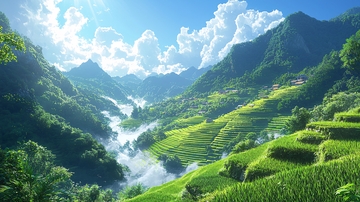 阳光下的梯田山谷