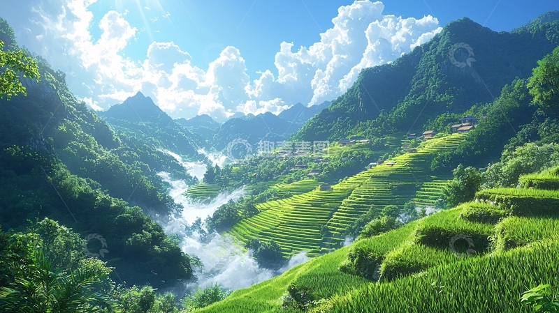 高清大图下载【趣麦麦图】阳光下的梯田山谷
