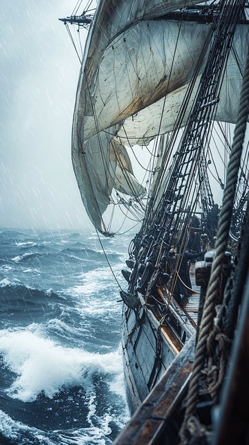 暴风雨中航行的古老帆船