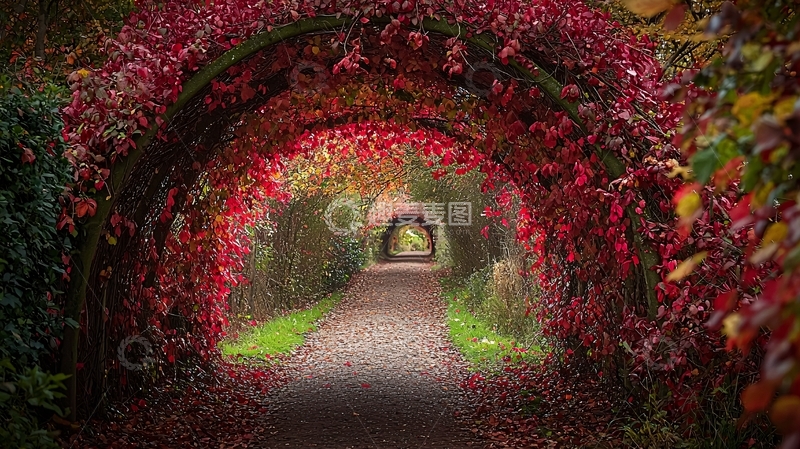 高清大图下载【趣麦麦图】红叶拱门小路