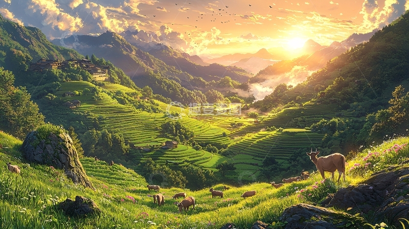 高清大图下载【趣麦麦图】日出山谷田园牧歌