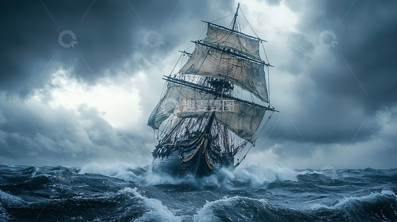 高清大图下载【趣麦麦图】暴风雨中的古老帆船