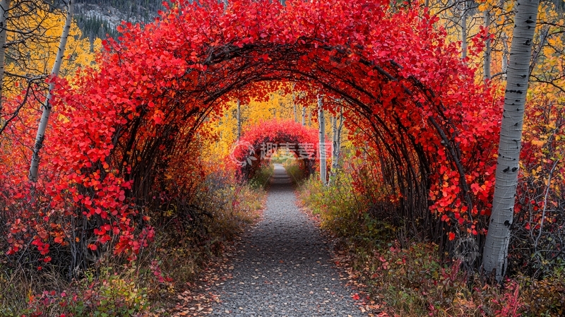 高清大图下载【趣麦麦图】秋叶拱门小路