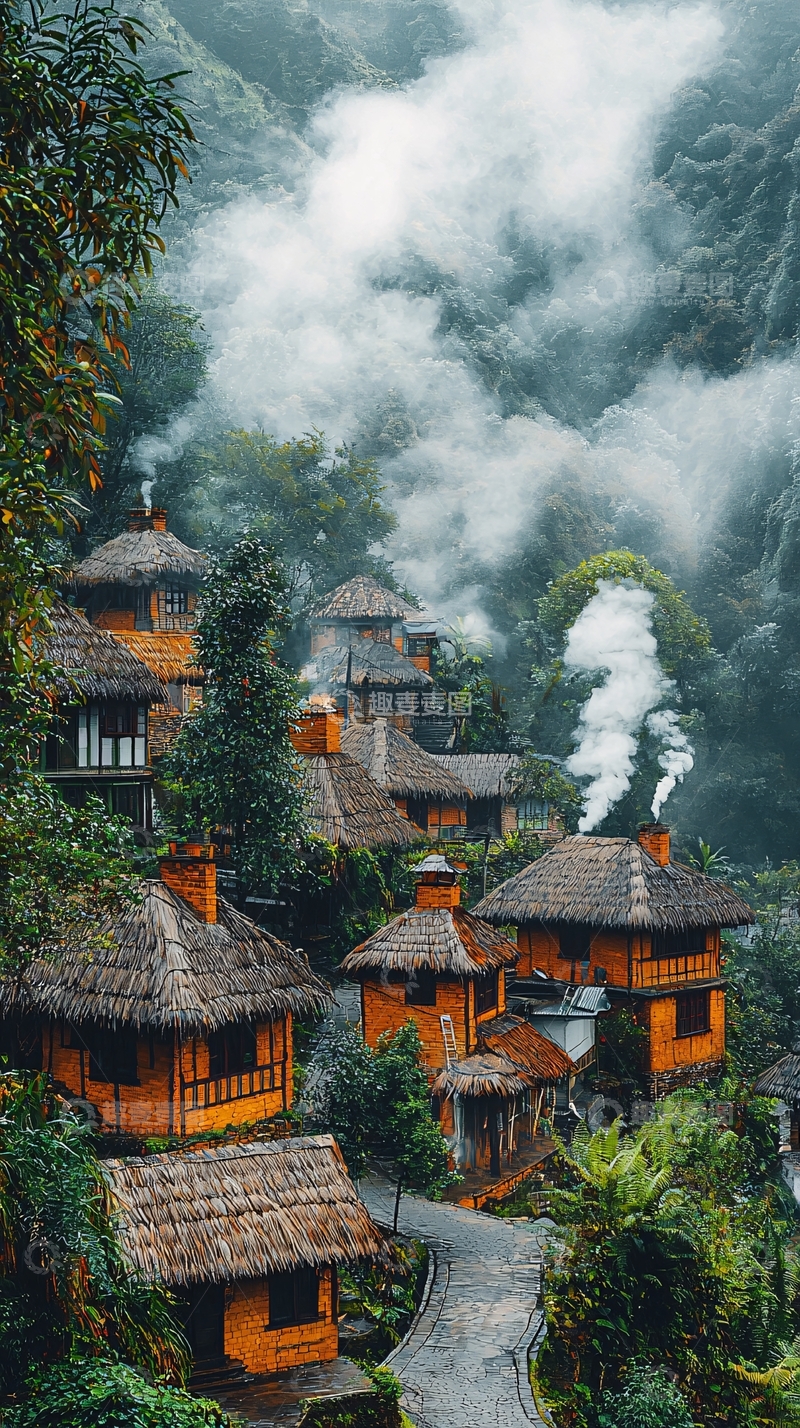 高清大图下载【趣麦麦图】山间雾气缭绕的村庄