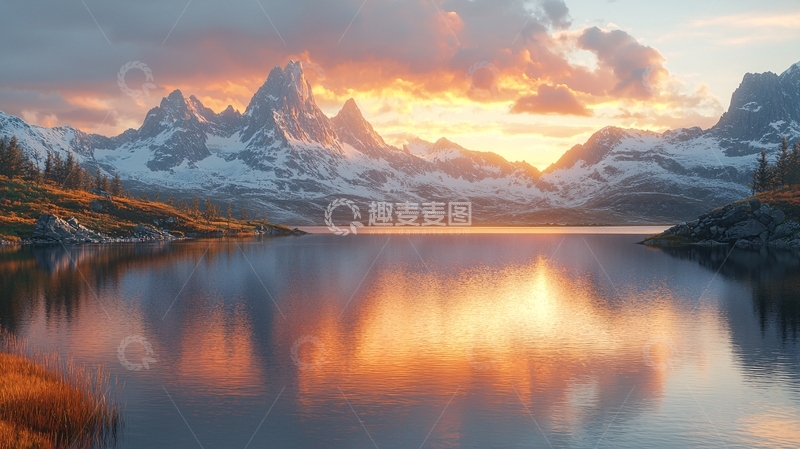 高清大图下载【趣麦麦图】雪山日落湖泊倒影