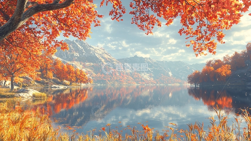 高清大图下载【趣麦麦图】秋日湖边红叶倒影