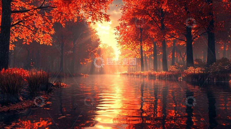 高清大图下载【趣麦麦图】秋日红叶森林小路