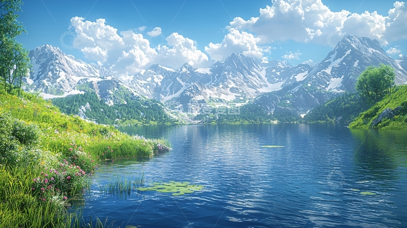 高清大图下载【趣麦麦图】雪山湖泊风景画