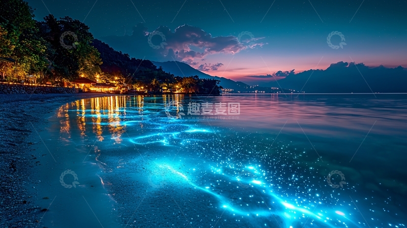 高清大图下载【趣麦麦图】夜晚海滩荧光海