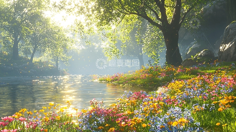 高清大图下载【趣麦麦图】阳光森林溪流鲜花