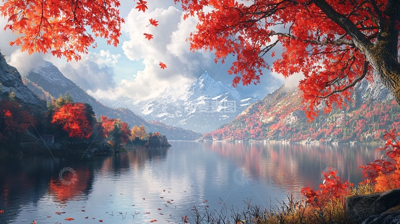 高清大图下载【趣麦麦图】秋枫红叶山景湖泊