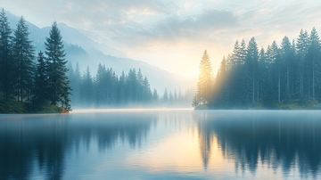 清晨薄雾湖泊森林