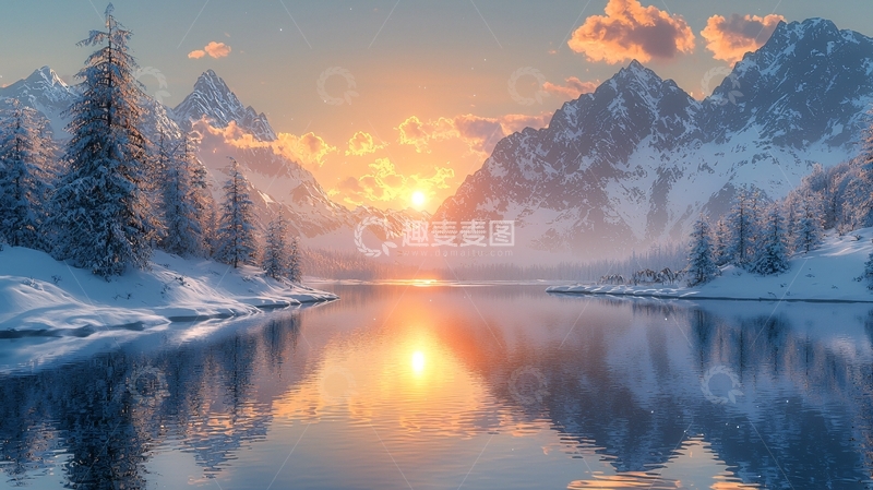 高清大图下载【趣麦麦图】雪山日落湖泊