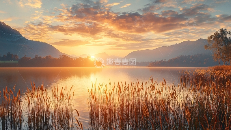 高清大图下载【趣麦麦图】清晨湖边日出景色