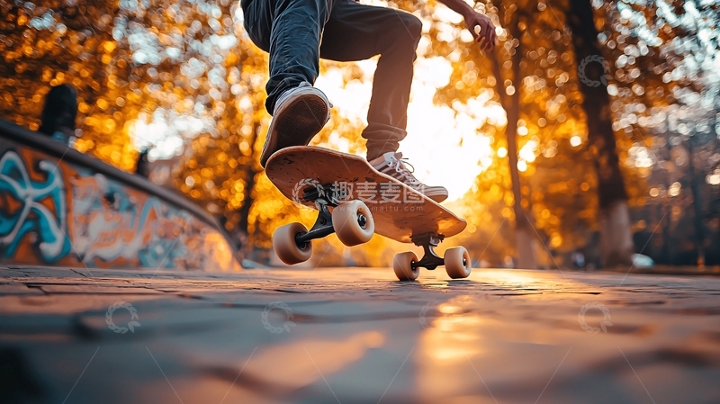 高清大图下载【趣麦麦图】秋日阳光下滑板特技