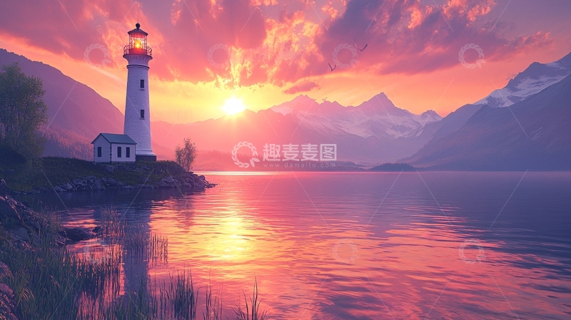 高清大图下载【趣麦麦图】日落山脉中的灯塔