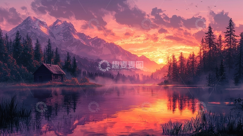 高清大图下载【趣麦麦图】夕阳西下湖边小屋