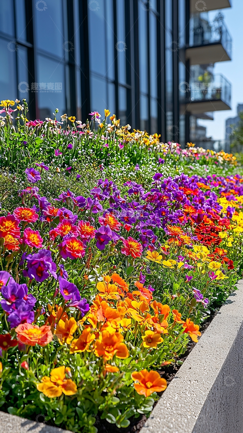 高清大图下载【趣麦麦图】现代建筑旁多彩花坛