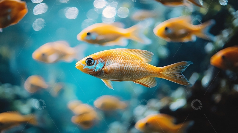 高清大图下载【趣麦麦图】一群金鱼在蓝色水中嬉戏