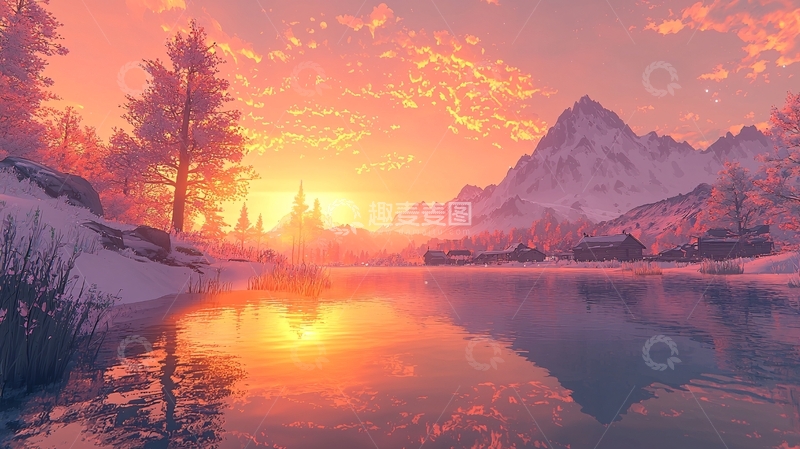 高清大图下载【趣麦麦图】雪山日落湖泊景色