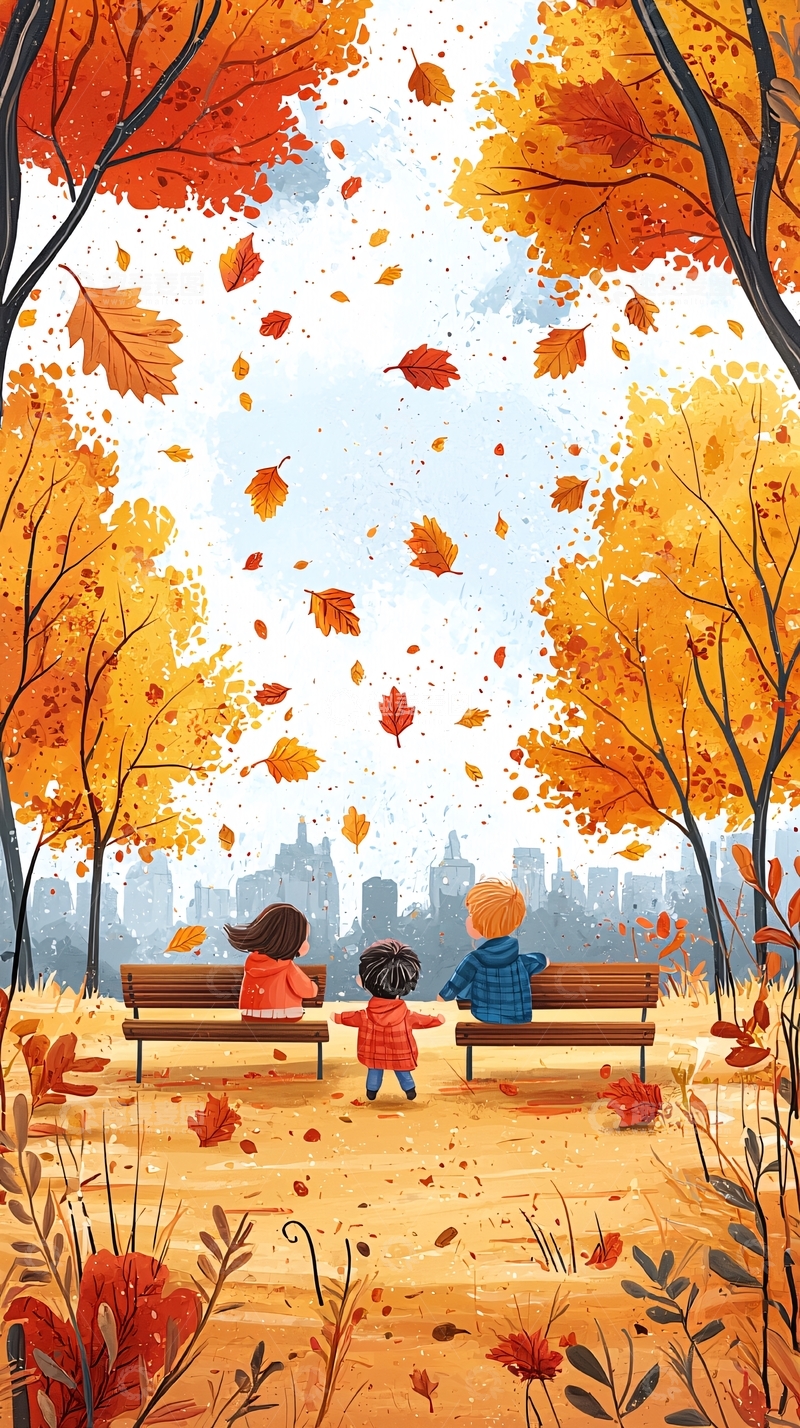 高清大图下载【趣麦麦图】秋日公园里孩子们看落叶