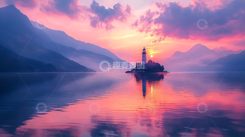 高清大图下载【趣麦麦图】宁静的湖面灯塔日落