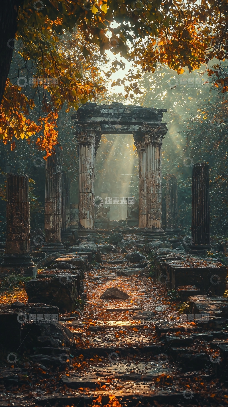 高清大图下载【趣麦麦图】秋日森林古迹遗迹