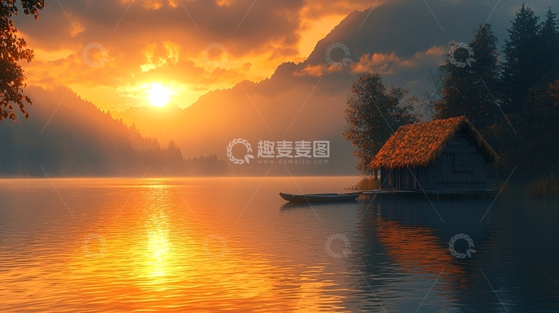 高清大图下载【趣麦麦图】日出湖景小屋