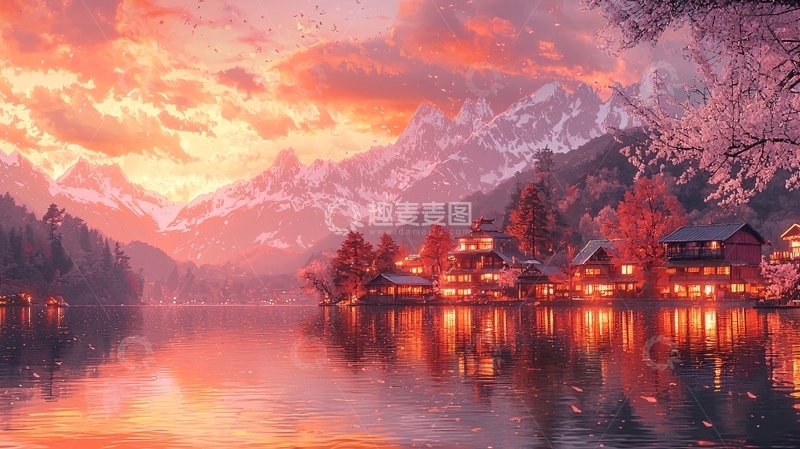 高清大图下载【趣麦麦图】雪山日落湖边小镇