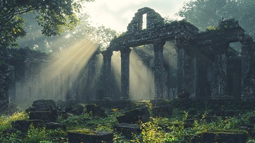 阳光透过树林照射在古老废墟