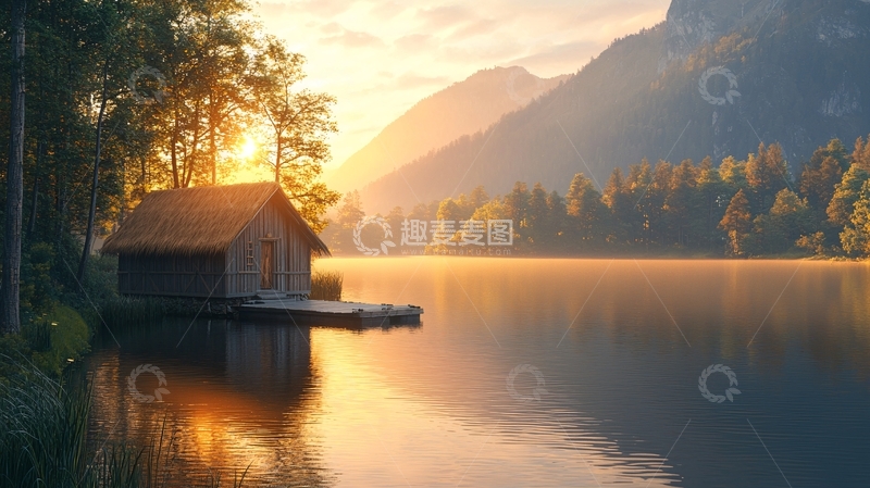高清大图下载【趣麦麦图】湖边小屋日出景色