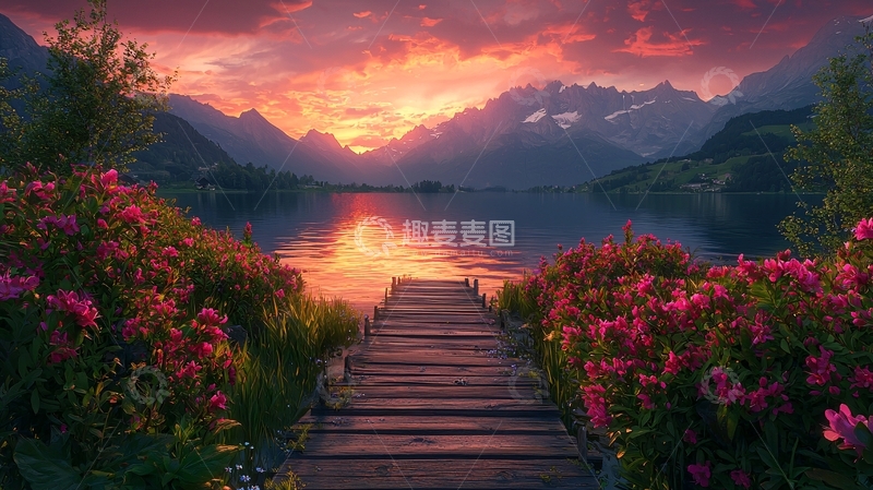 高清大图下载【趣麦麦图】夕阳西下湖边木栈道