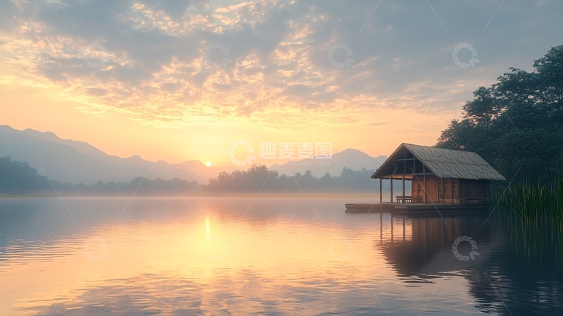 高清大图下载【趣麦麦图】清晨湖边木屋日出